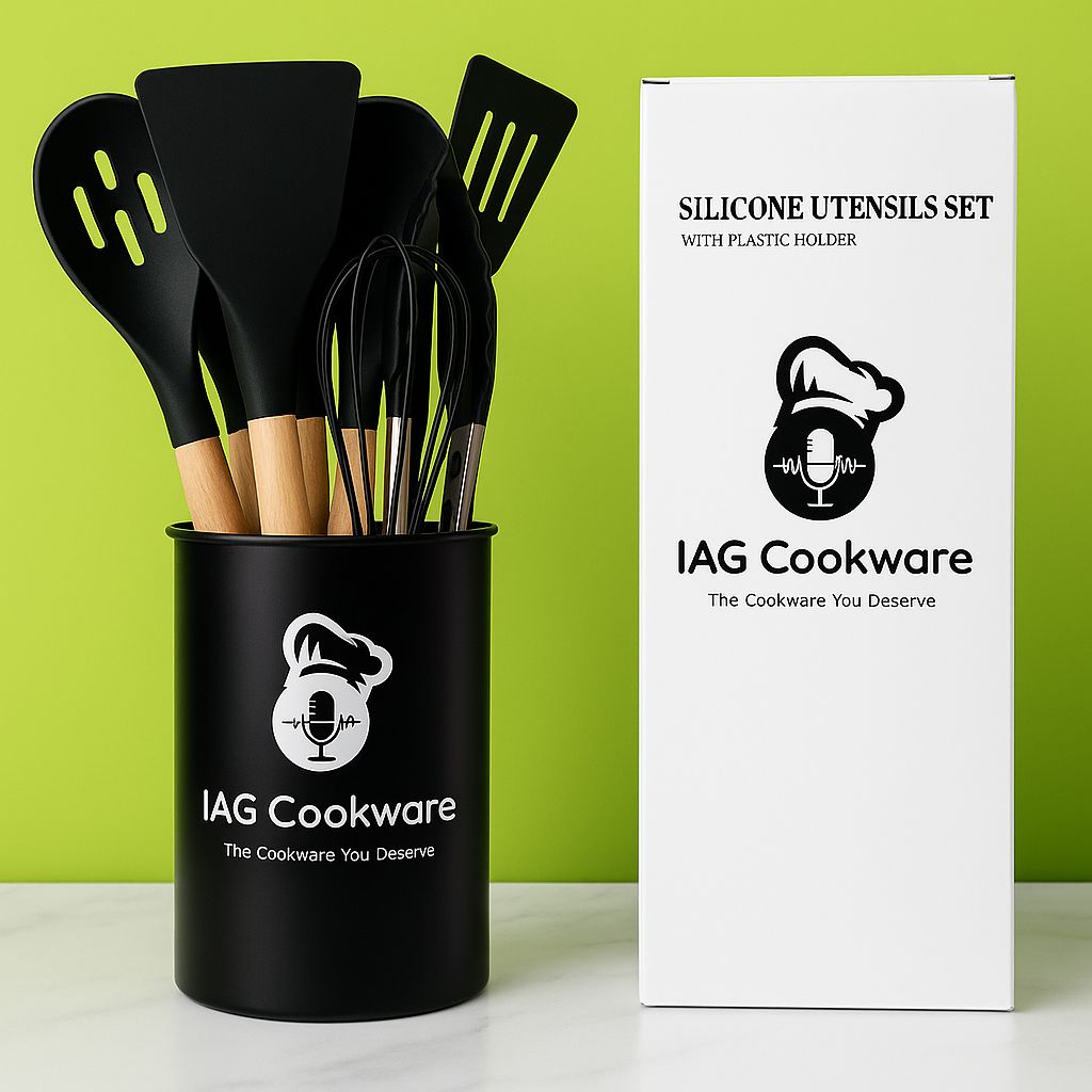Silicone Cooking Utensil Combo | 12 Non-Stick Safe Tools for Home Kitchen with Wooden Handles & Holder