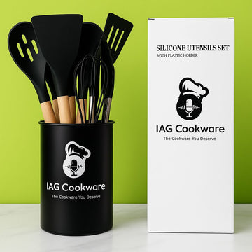 Silicone Cooking Utensil Combo | 12 Non-Stick Safe Tools for Home Kitchen with Wooden Handles & Holder