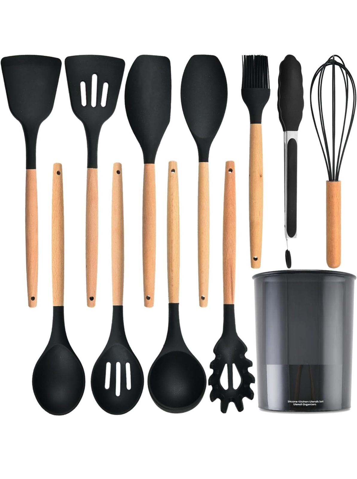 Silicone Cooking Utensil Combo | 12 Non-Stick Safe Tools for Home Kitchen with Wooden Handles & Holder
