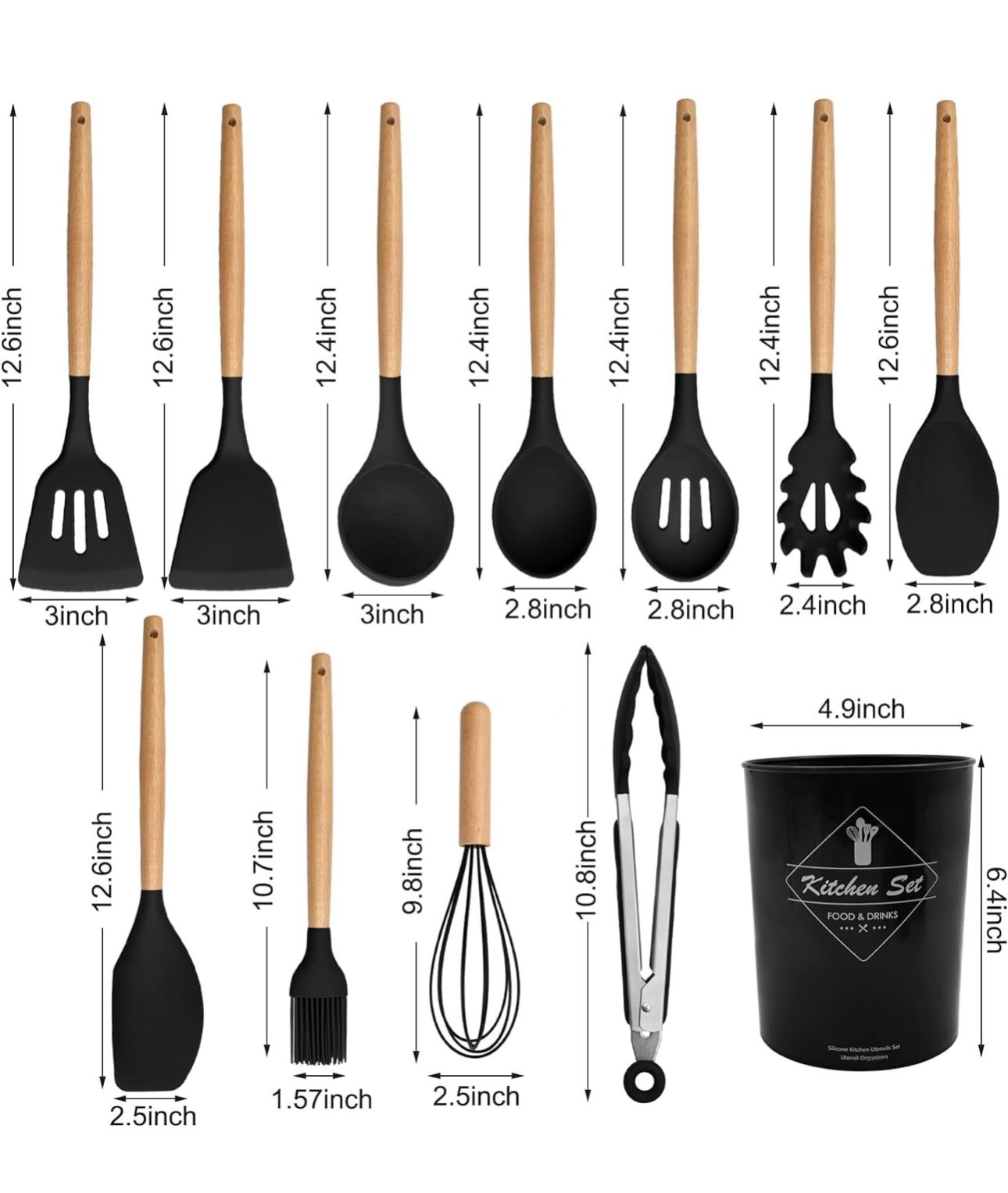 Silicone Cooking Utensil Combo | 12 Non-Stick Safe Tools for Home Kitchen with Wooden Handles & Holder