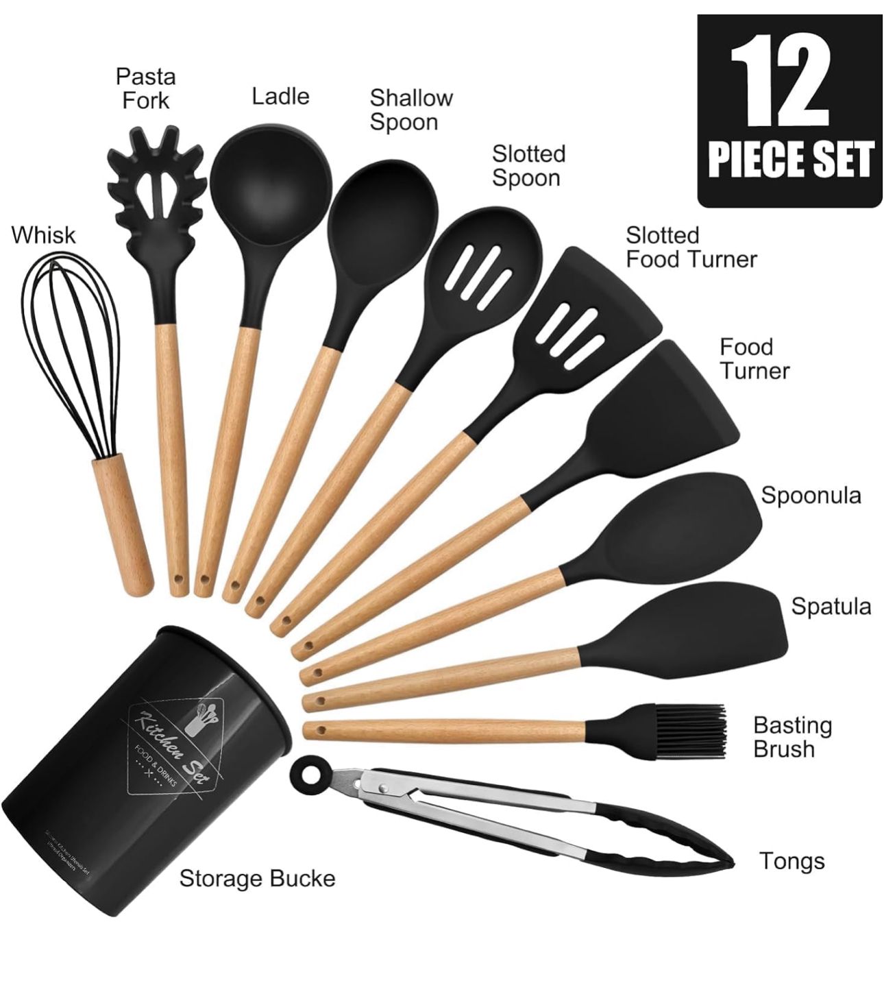 Silicone Cooking Utensil Combo | 12 Non-Stick Safe Tools for Home Kitchen with Wooden Handles & Holder