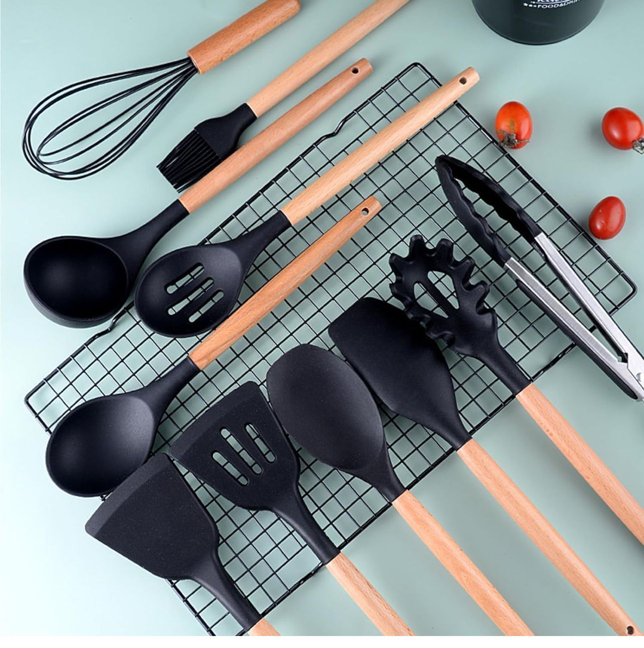Silicone Cooking Utensil Combo | 12 Non-Stick Safe Tools for Home Kitchen with Wooden Handles & Holder