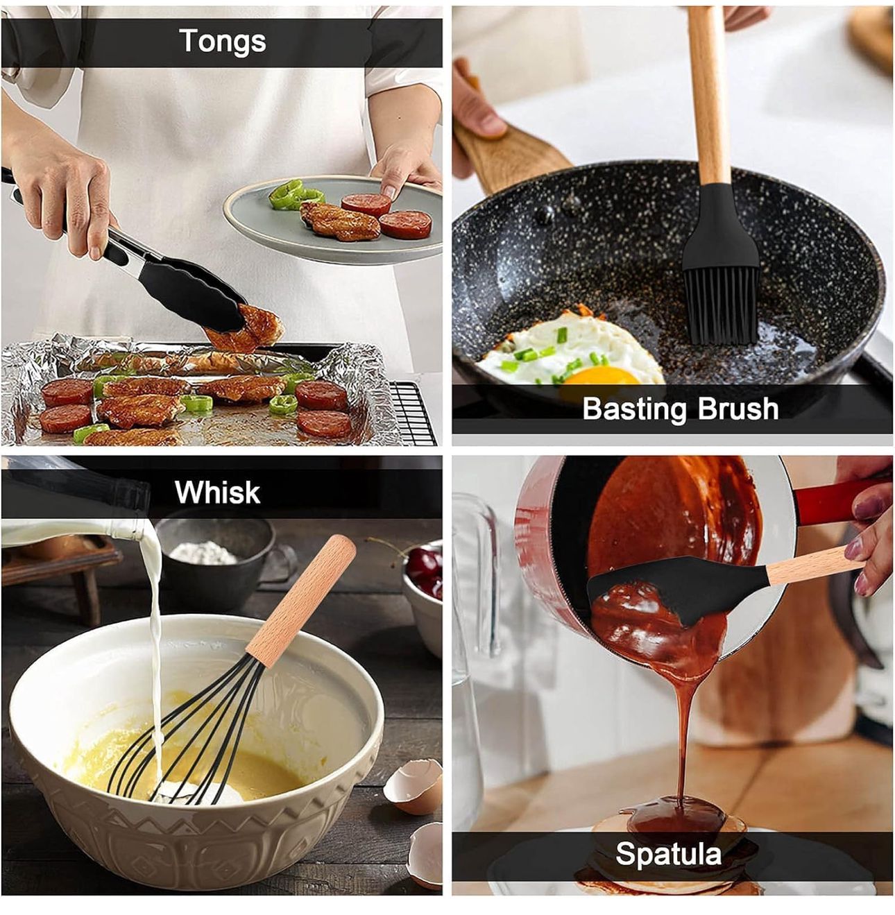 Silicone Cooking Utensil Combo | 12 Non-Stick Safe Tools for Home Kitchen with Wooden Handles & Holder
