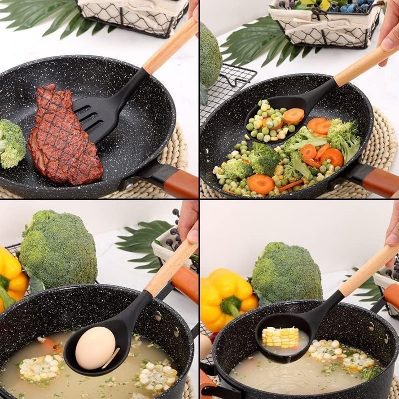 Silicone Cooking Utensil Combo | 12 Non-Stick Safe Tools for Home Kitchen with Wooden Handles & Holder