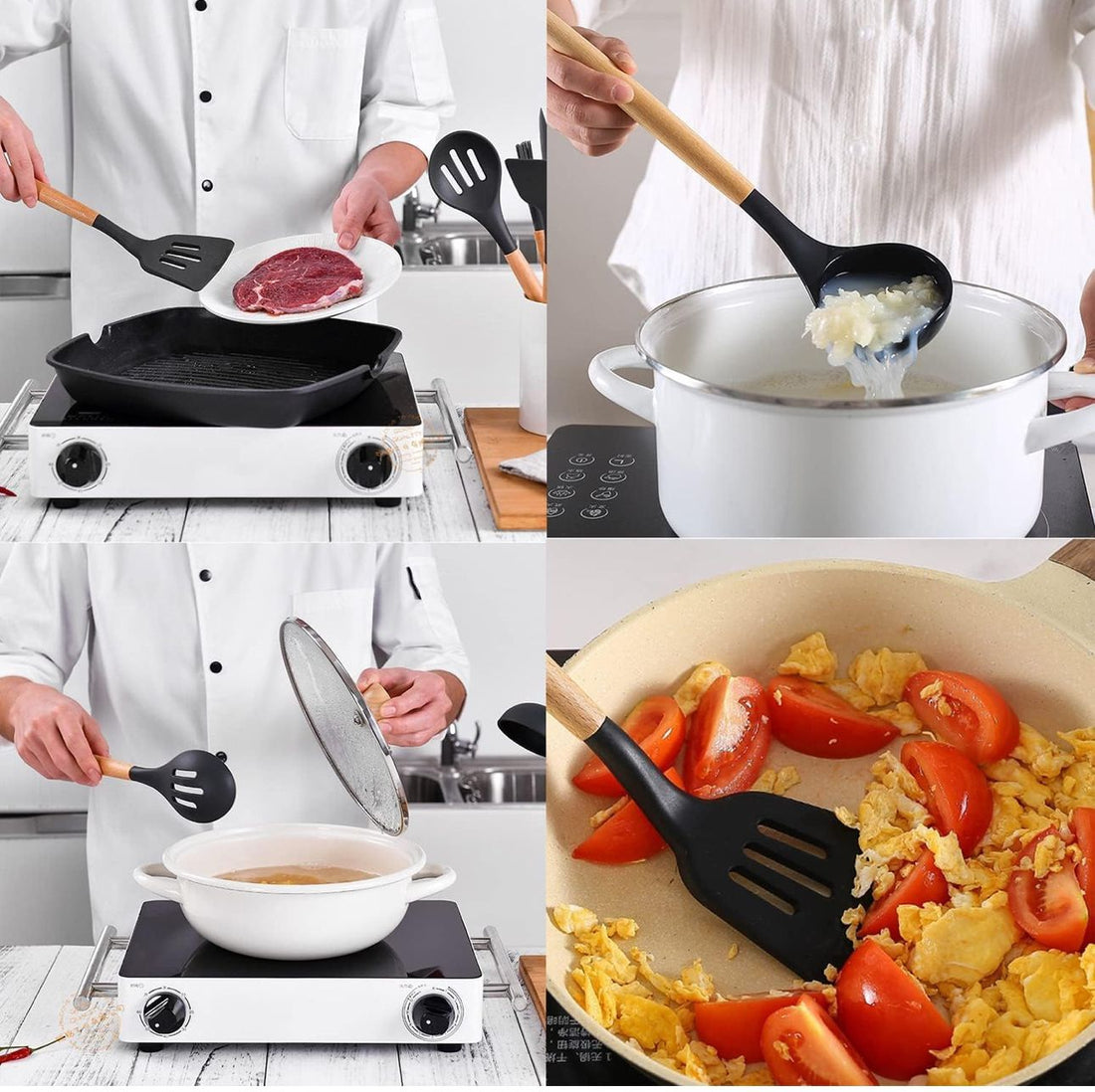 Silicone Cooking Utensil Combo | 12 Non-Stick Safe Tools for Home Kitchen with Wooden Handles & Holder