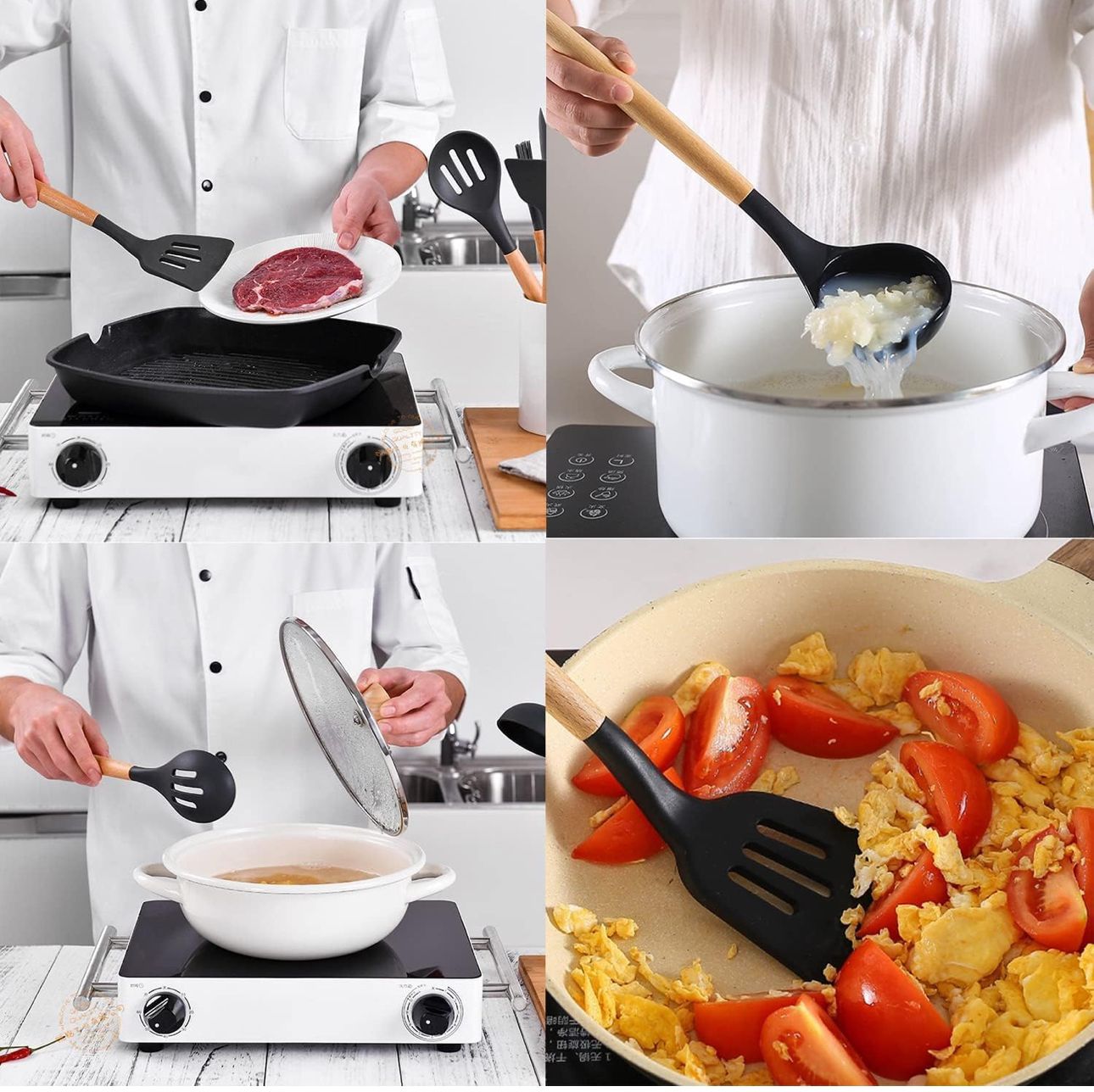 Silicone Cooking Utensil Combo | 12 Non-Stick Safe Tools for Home Kitchen with Wooden Handles & Holder